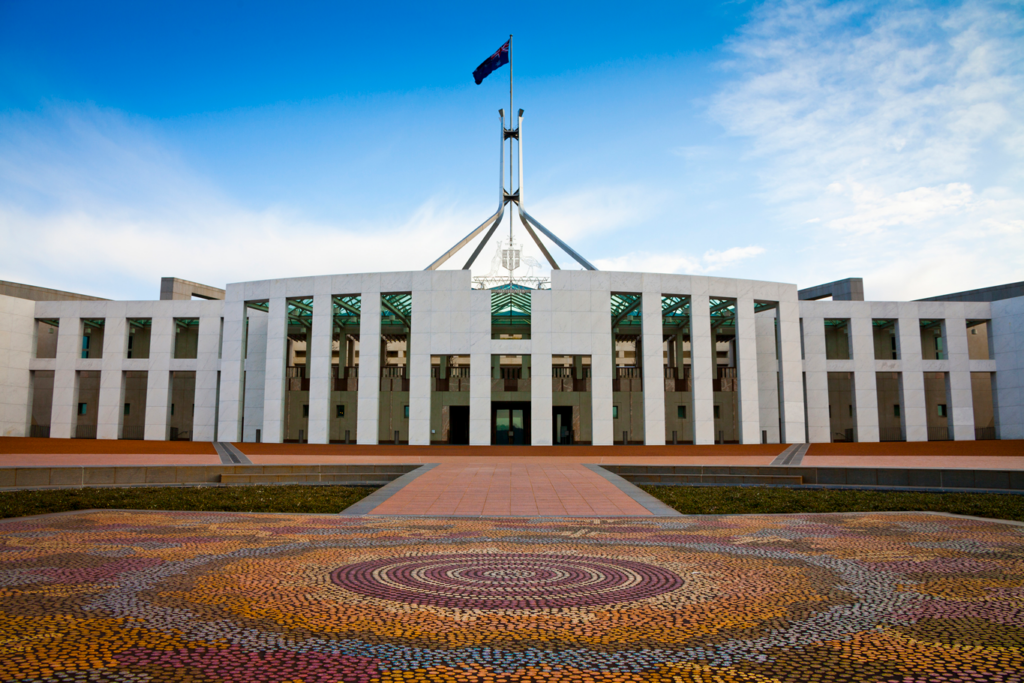 Exterior view of Australia's Parliament House in Canberra, Australia.